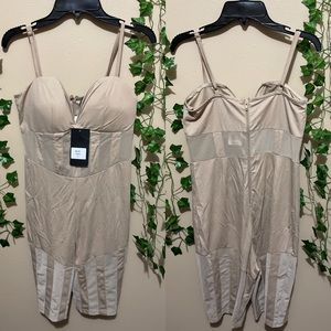 Tan shorts body suit with mesh waist